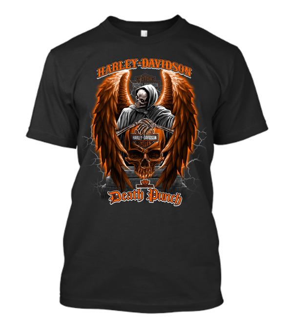 Harley Davidson Five Finger Death Punch Skull With Grim Reaper And Angel Wings T-Shirt