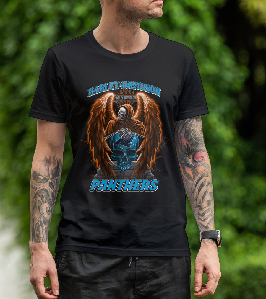 Harley Davidson Motor Cycles Panthers Winged Skeleton Skull T-Shirt