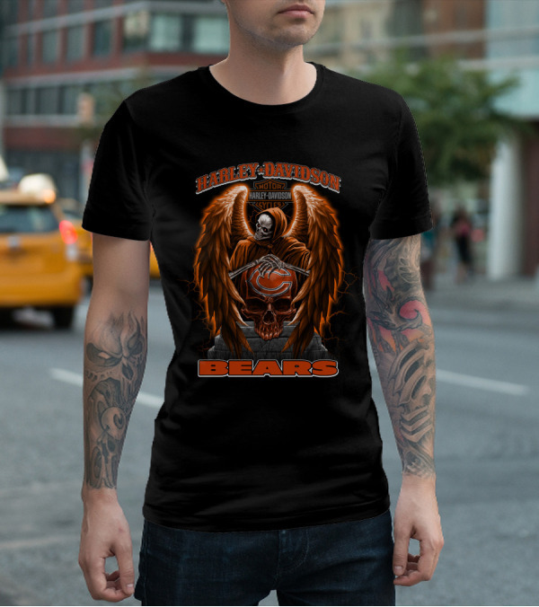 Harley Davidson Motorcycles Chicago Bears Skull Wings T-Shirt