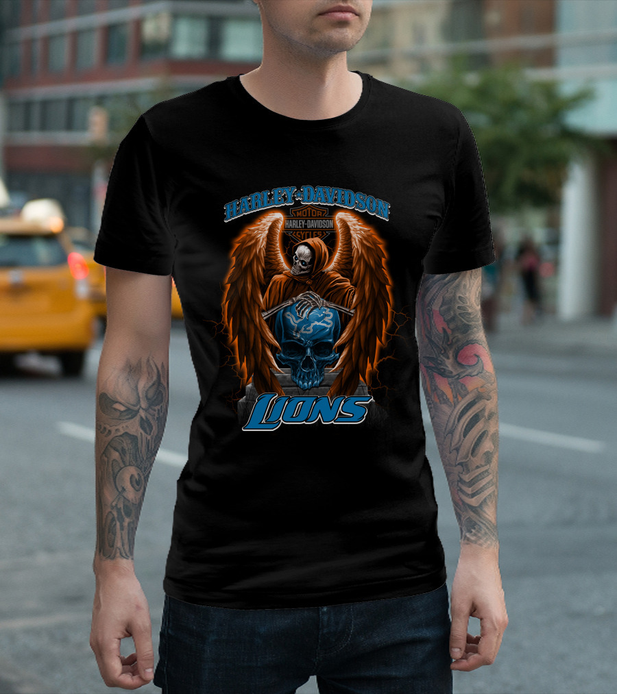Harley Davidson Motorcycles Detroit Lions Skull With Angel Wings T-Shirt
