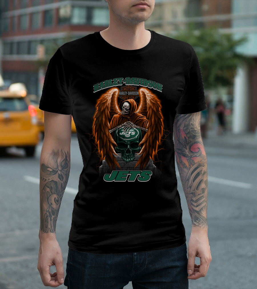 Harley Davidson Motorcycles New York Jets Skull Wings Nfl T-Shirt