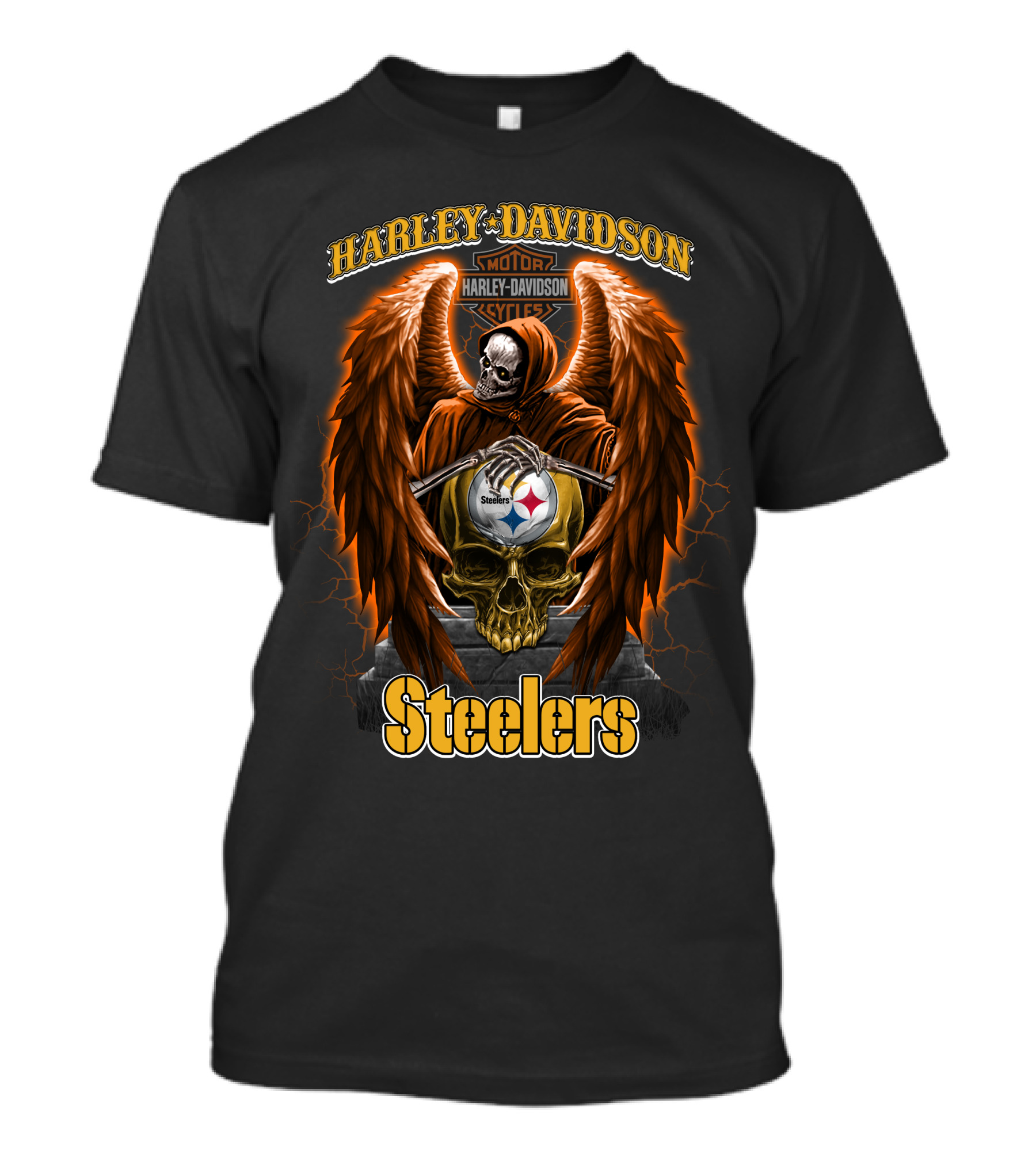 Harley Davidson Motorcycles Steelers Skull With Wings Nfl Pittsburgh T-Shirt