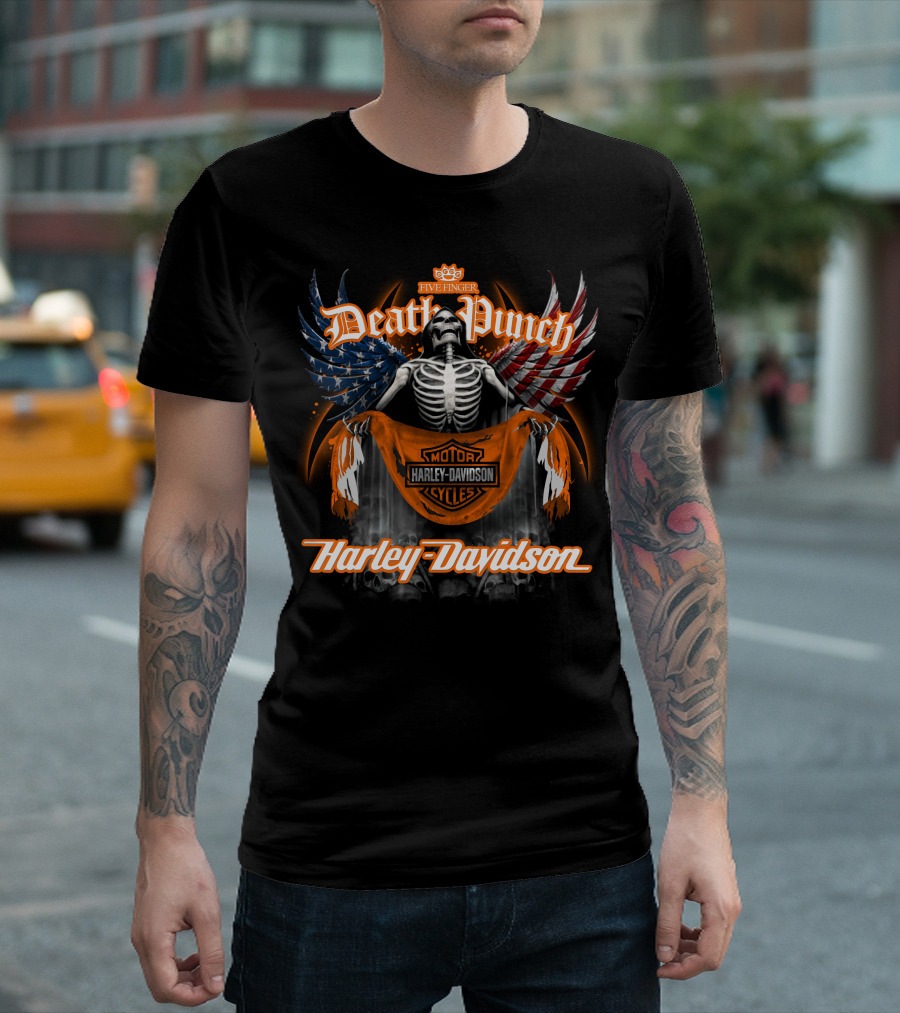 Five Finger Death Punch Harley Davidson American Wings Skeleton T-Shirt