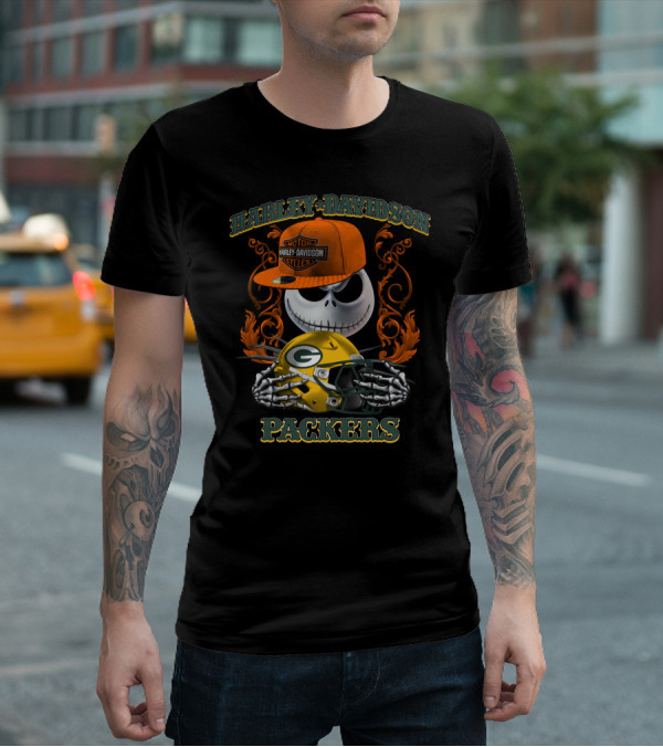 Harley Davidson Jack Skellington Packers Nfl Motorcycles T-Shirt