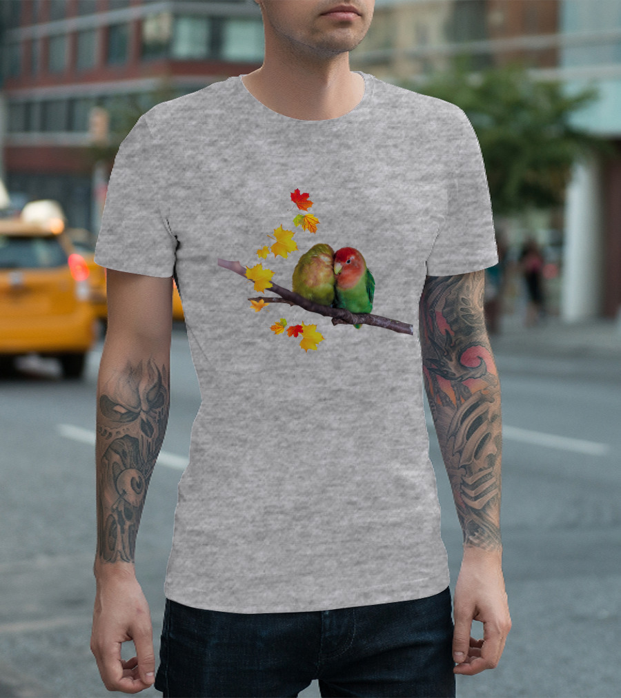 Lovebirds with Autumn Leaves on Branch T-Shirt