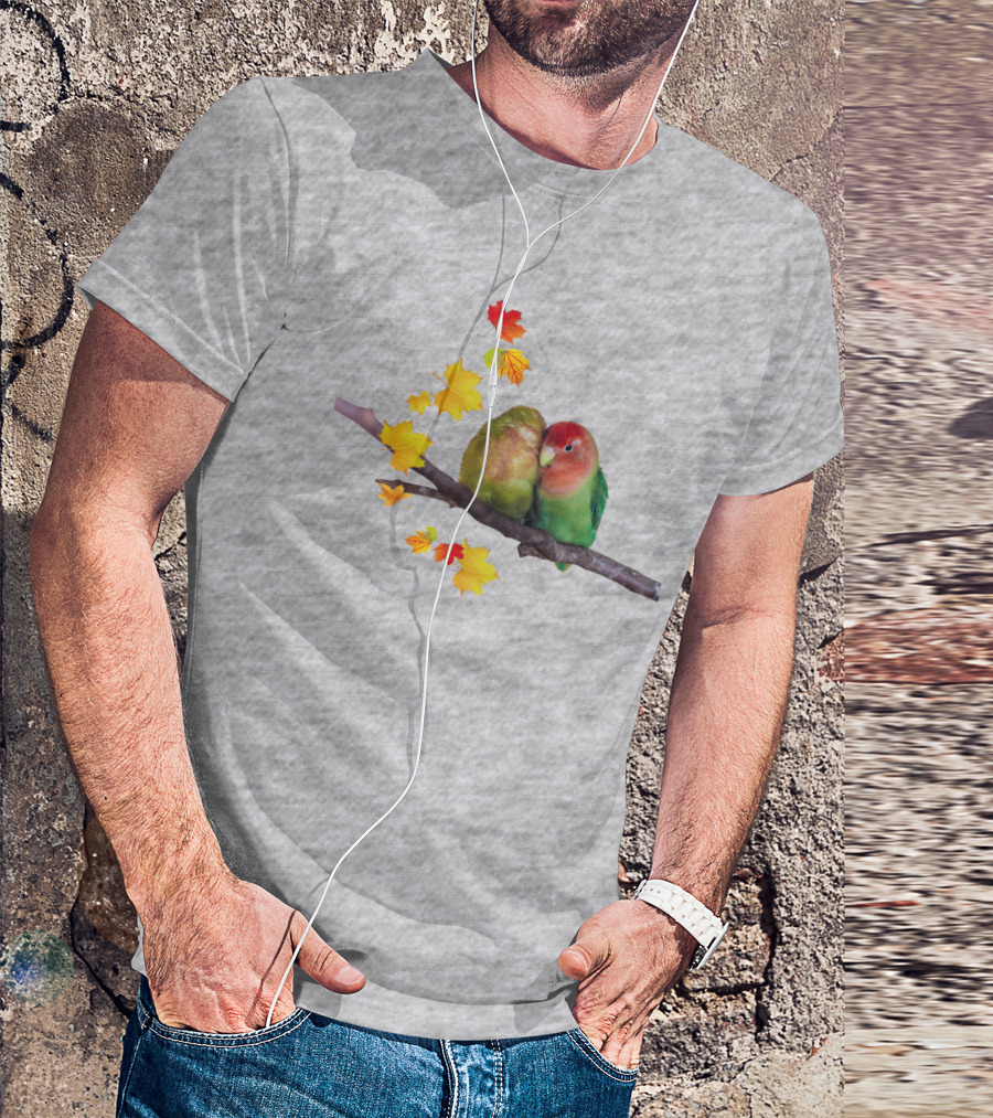 Lovebirds With Autumn Leaves On Branch T-Shirt