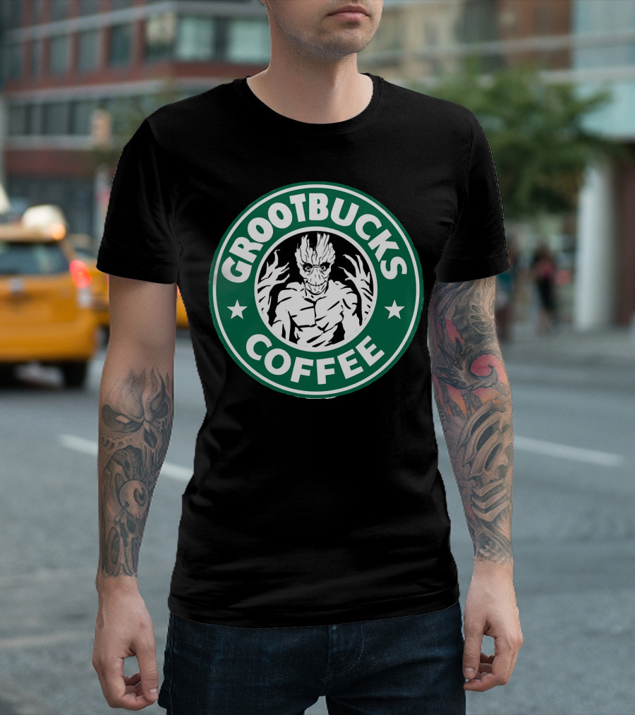 GrootBucks Coffee Parody with Tree Character in Green Circle T-Shirt