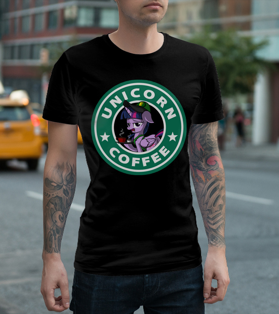 Unicorn Coffee Parody Featuring Purple Cartoon Unicorn with Green Cap and Coffee Cup T-Shirt
