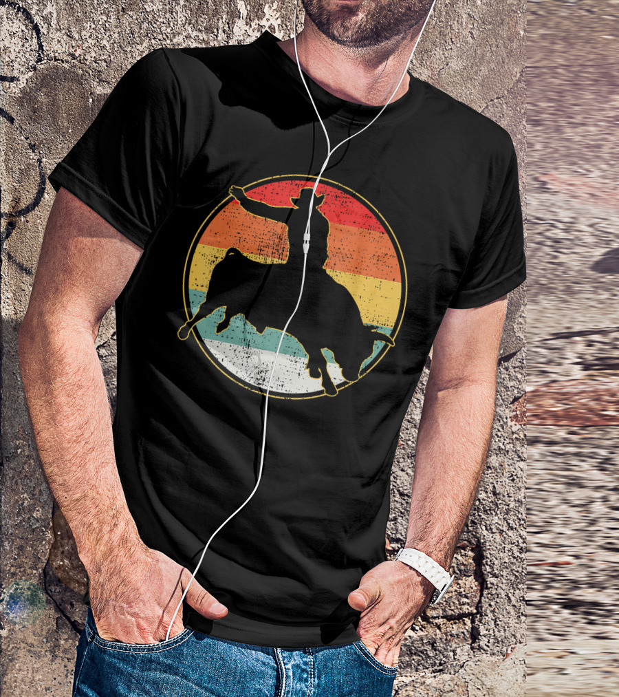 121 Vintage Western Cowboy Bull Riding Silhouette Retro Stripes T-Shirt