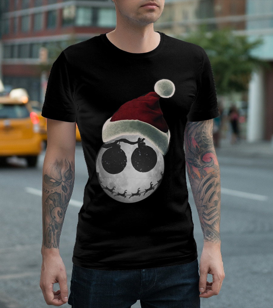 Jack Skellington Christmas Santa Hat Moon with Reindeer T-Shirt