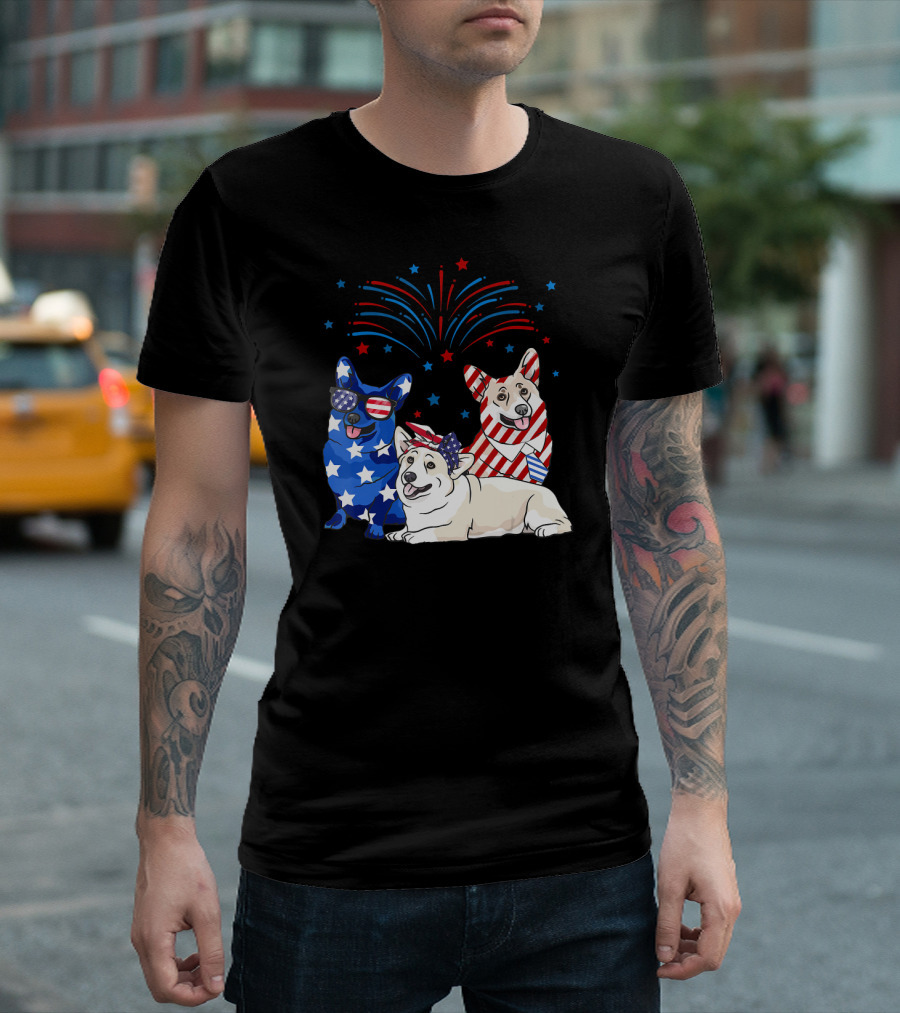 American Flag USA 4th Of July Corgi Fireworks T-Shirt
