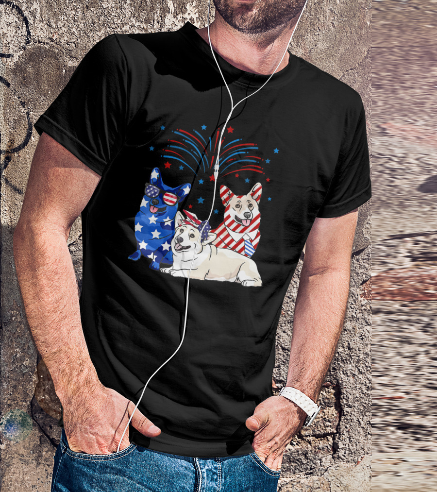 American Flag USA 4th Of July Corgi Fireworks T-Shirt