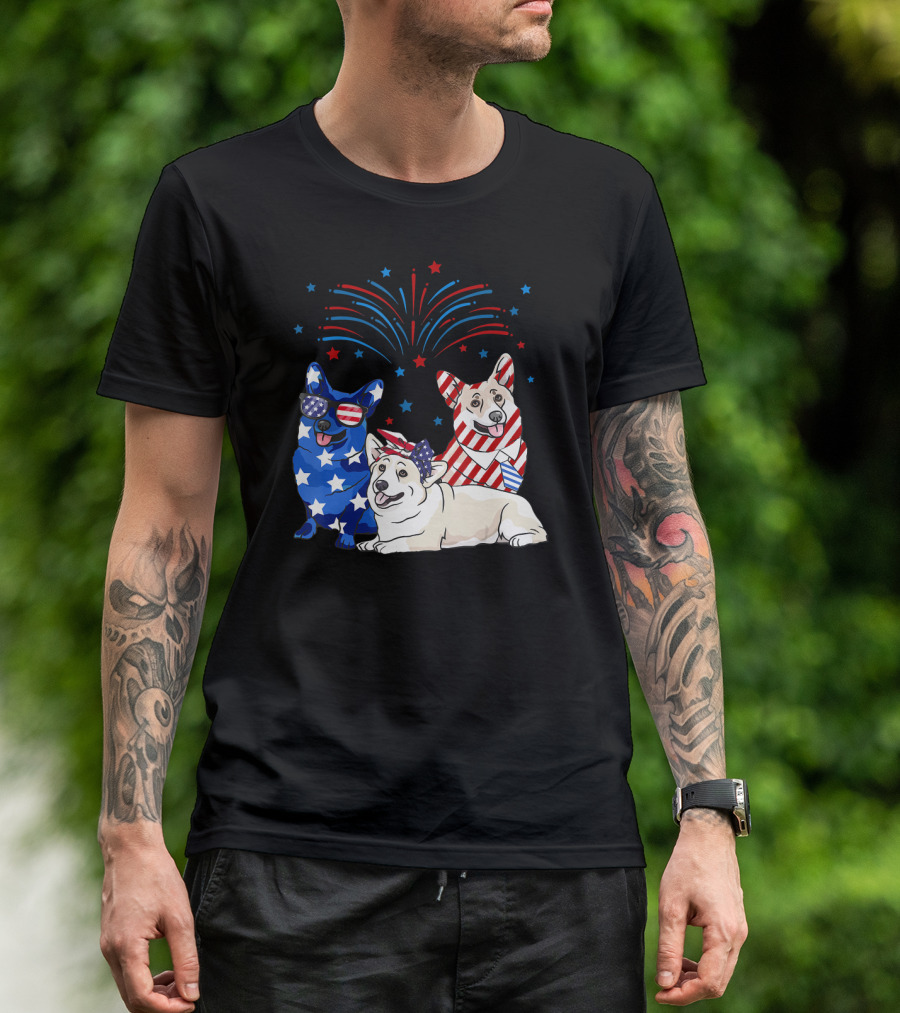 American Flag USA 4th Of July Corgi Fireworks T-Shirt