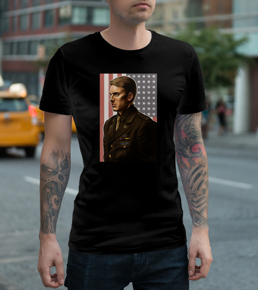 Captain Steve Rogers Military Portrait With American Flag Background T-Shirt