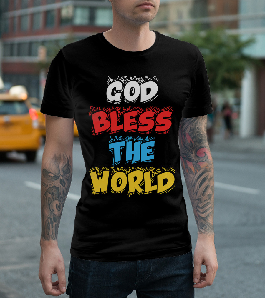 GOD BLESS THE WORLD Bold Multicolor Comic T-Shirt