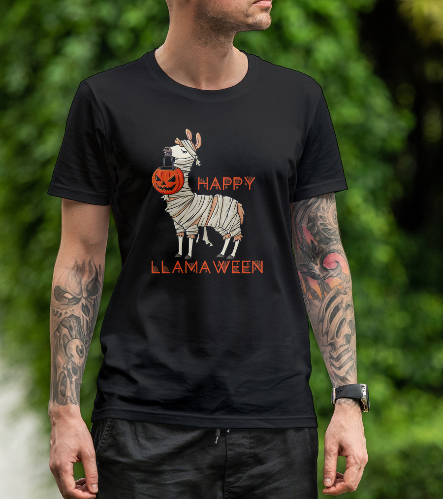 Happy Llamaween Pumpkin Mummy Llama Halloween Girls Boys T-Shirt