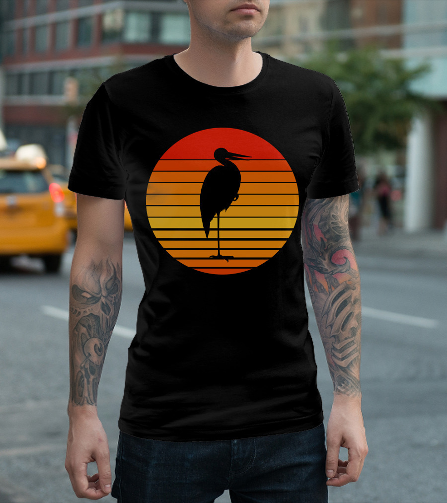 Heron Bird Silhouette Against Sunset Stripes T-Shirt