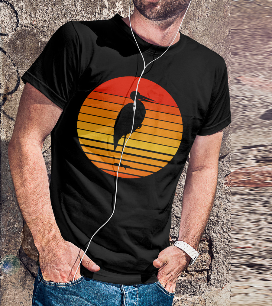 Heron Bird Silhouette Against Sunset Stripes T-Shirt