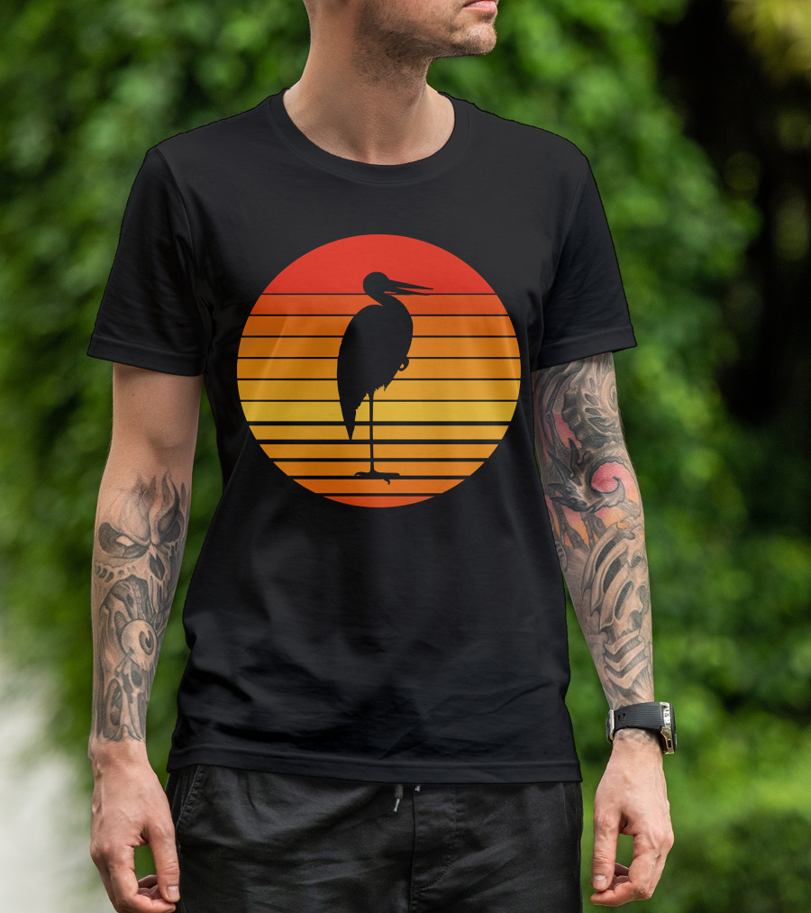 Heron Bird Silhouette Against Sunset Stripes T-Shirt
