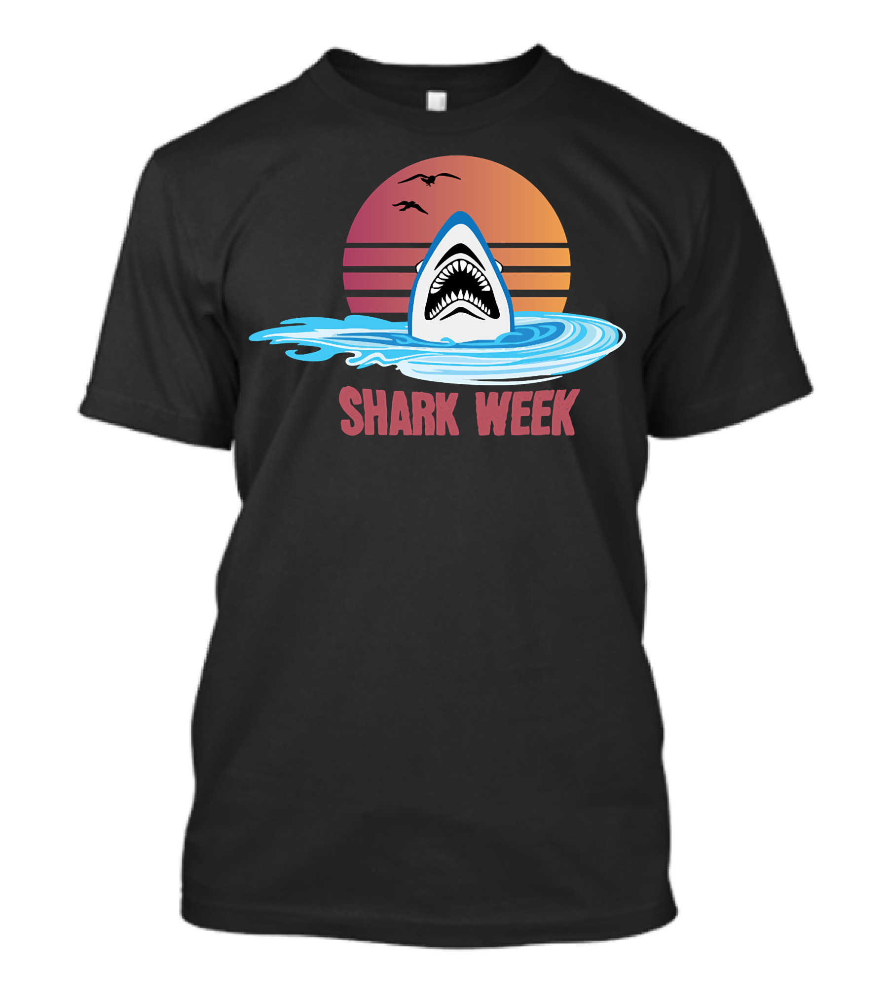 Shark Week Sunset Ocean Waves Shark Fin With Birds T-Shirt