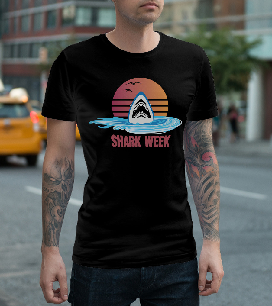 Shark Week Sunset Ocean Waves Shark Fin With Birds T-Shirt