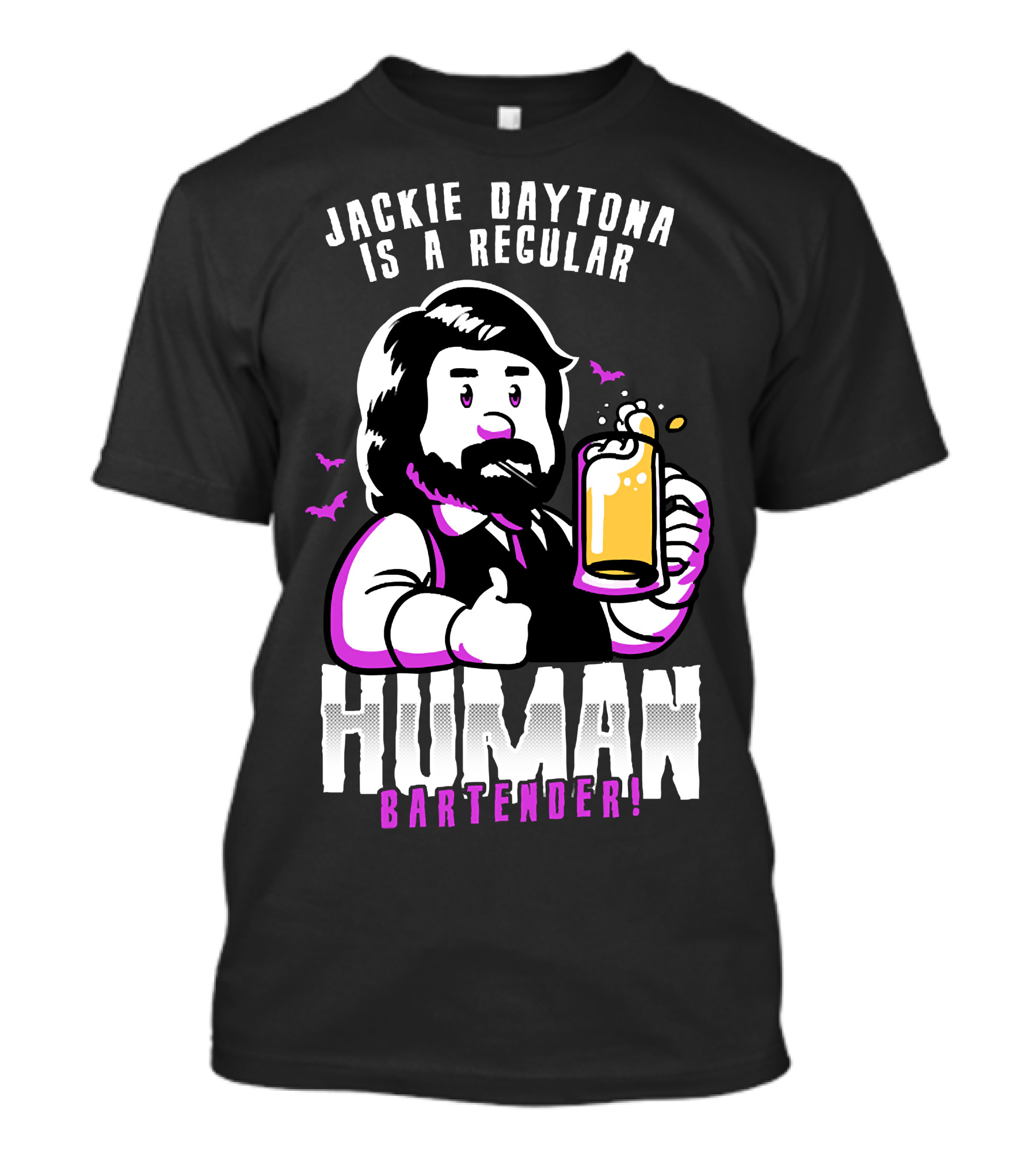 Jackie Daytona Is A Regular Human Bartender Thumbs Up Beer Mug Cartoon Style Bats T-Shirt