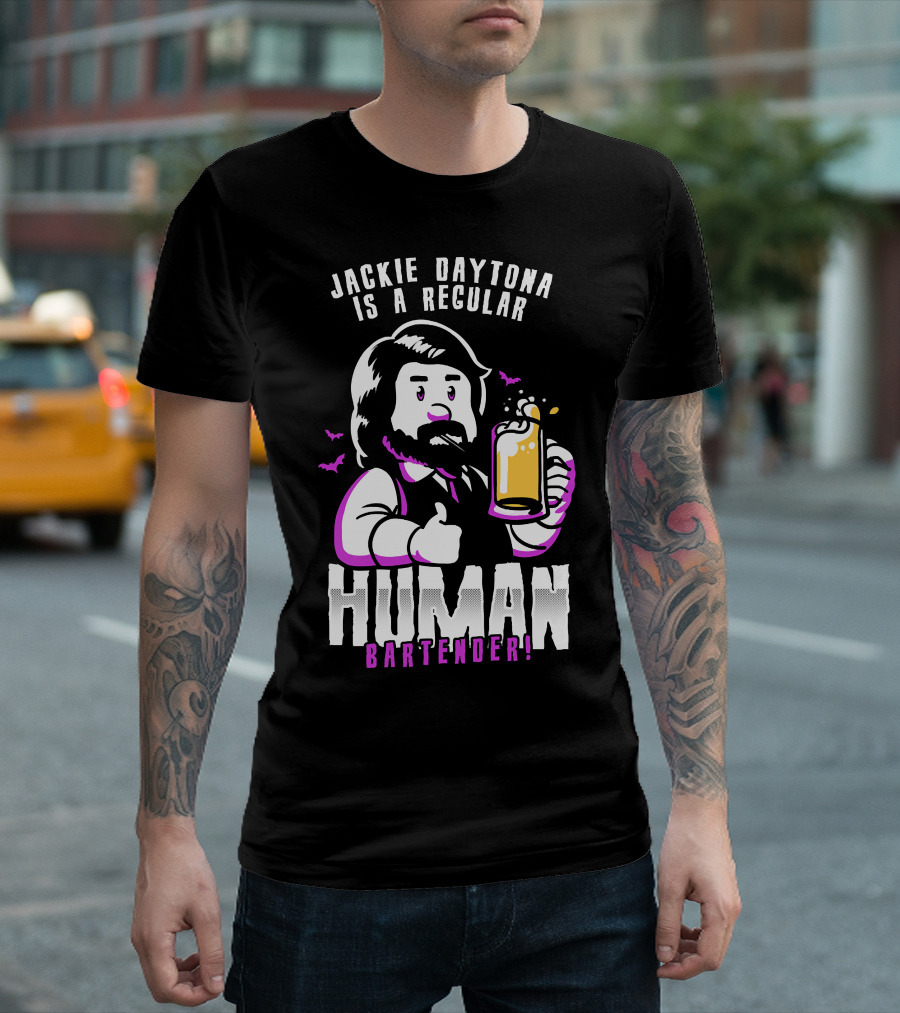 Jackie Daytona Is A Regular Human Bartender Thumbs Up Beer Mug Cartoon Style Bats T-Shirt
