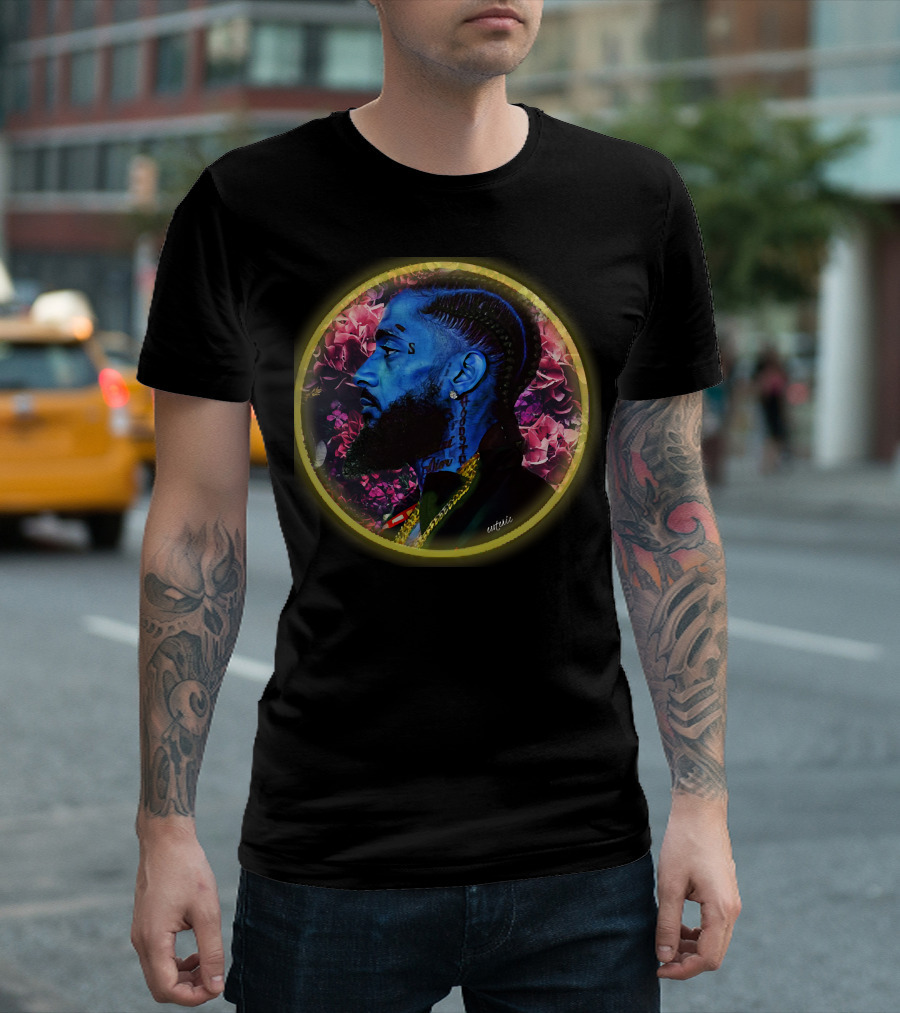 Rest In Power Nipsey Blue Portrait With Floral Halo T-Shirt