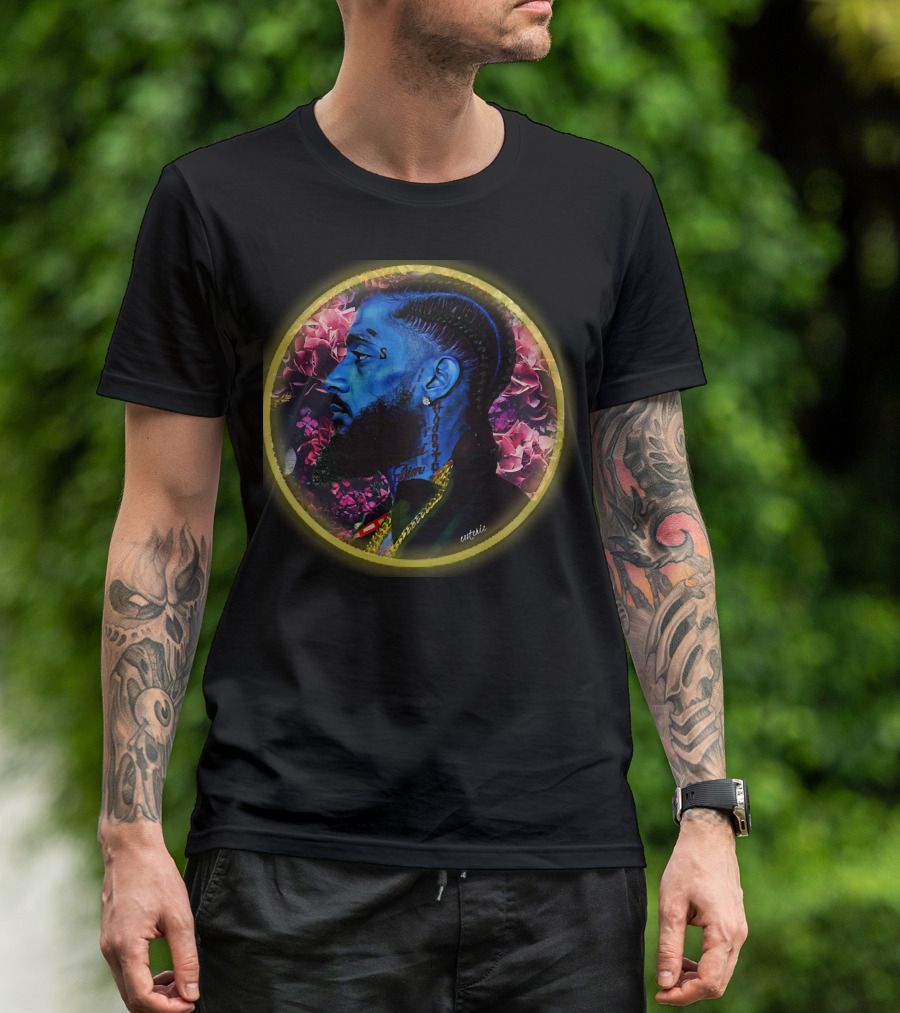 Rest In Power Nipsey Blue Portrait With Floral Halo T-Shirt