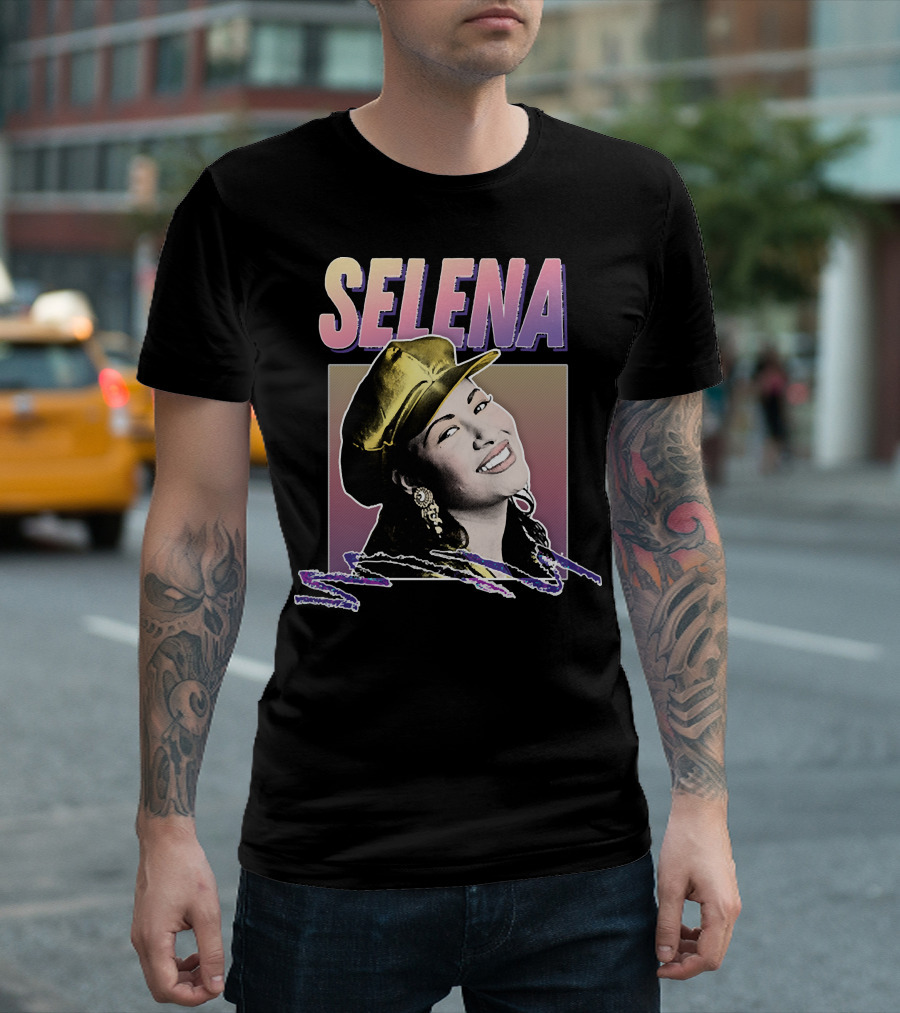 Selena Gradient Logo with Smiling Portrait and Gold Hat T-Shirt
