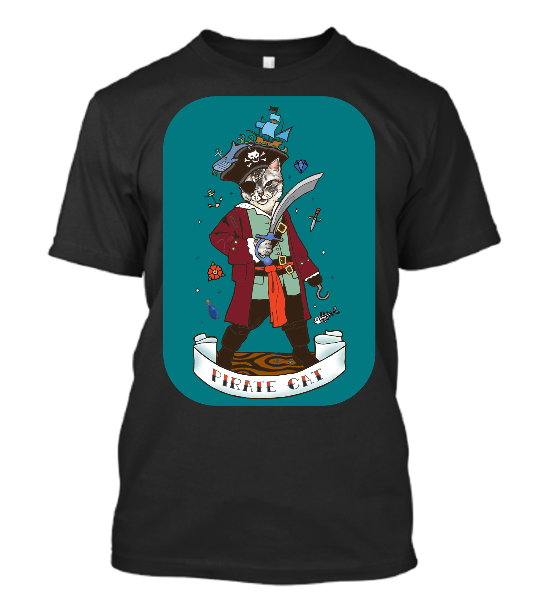 Pirate Cat With Sword And Ship Hat T-Shirt