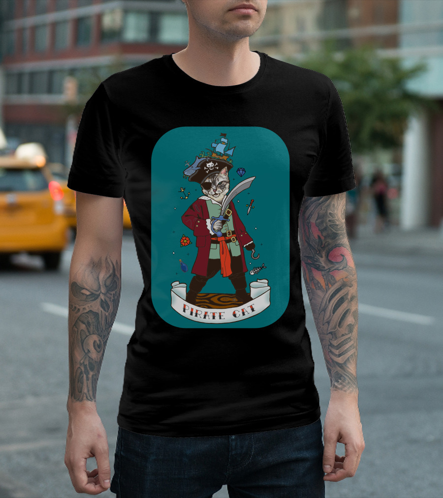 Pirate Cat With Sword And Ship Hat T-Shirt
