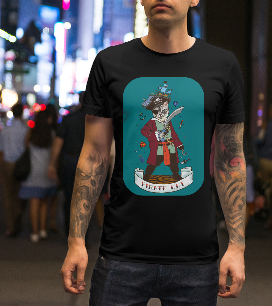 Pirate Cat With Sword And Ship Hat T-Shirt