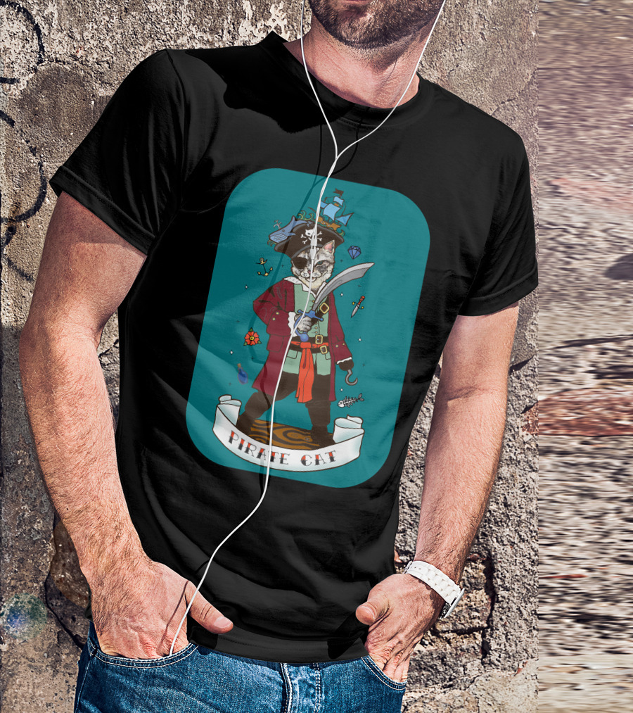 Pirate Cat With Sword And Ship Hat T-Shirt