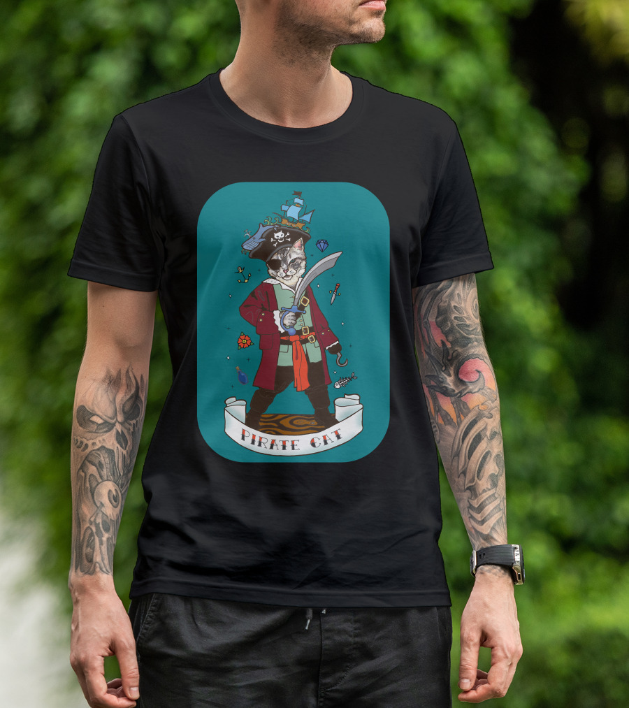 Pirate Cat With Sword And Ship Hat T-Shirt