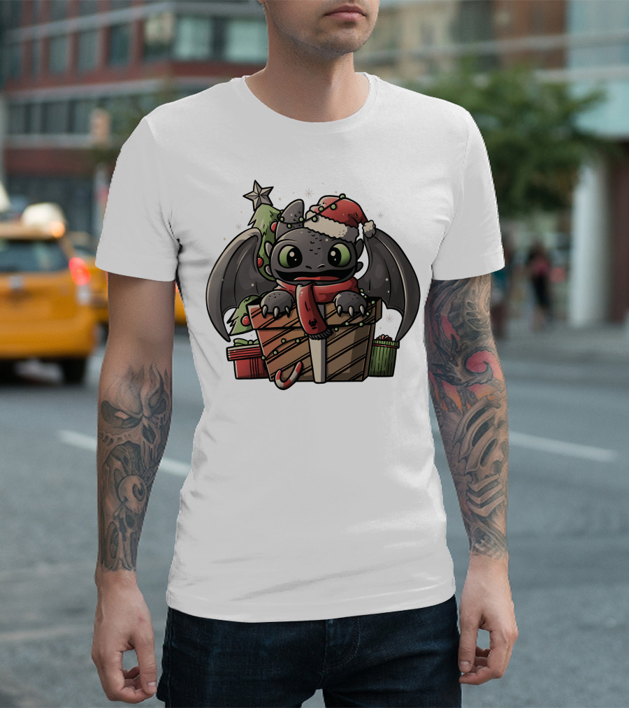 Dragon Cute Funny Christmas Light Santa Hat Present Tree T-Shirt
