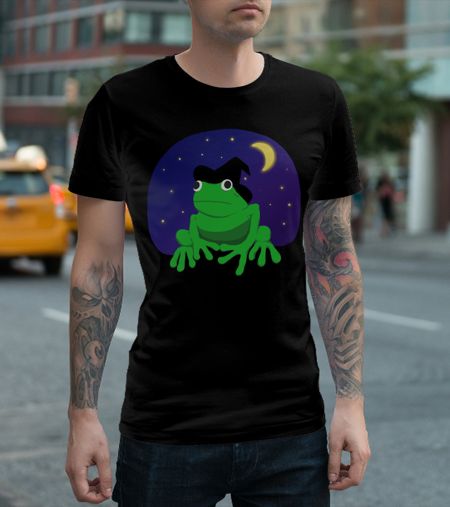 Frog Witch with Crescent Moon and Starry Night Sky T-Shirt