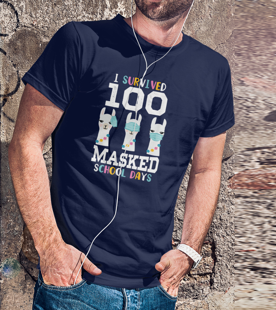 I Survived 100 Masked School Days Llama Wearing Face Masks T-Shirt