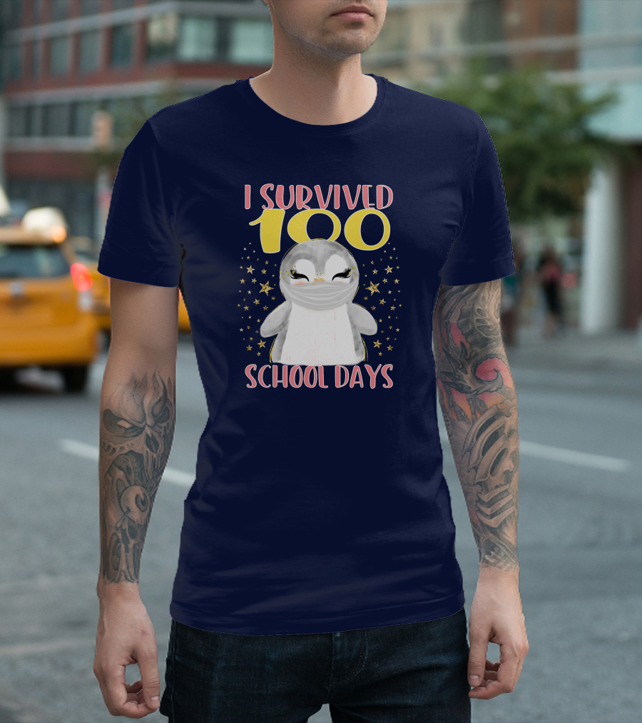 I Survived 100 School Days Cute Penguin Stars T-Shirt