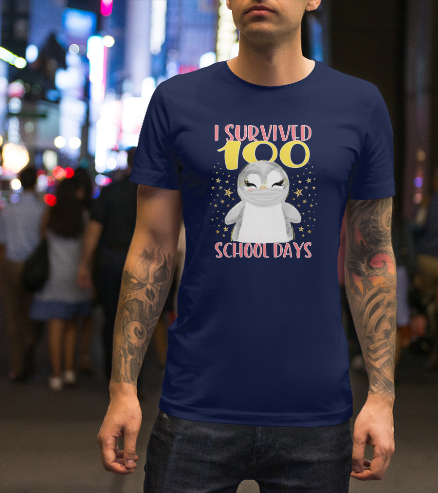 I Survived 100 School Days Cute Penguin Stars T-Shirt