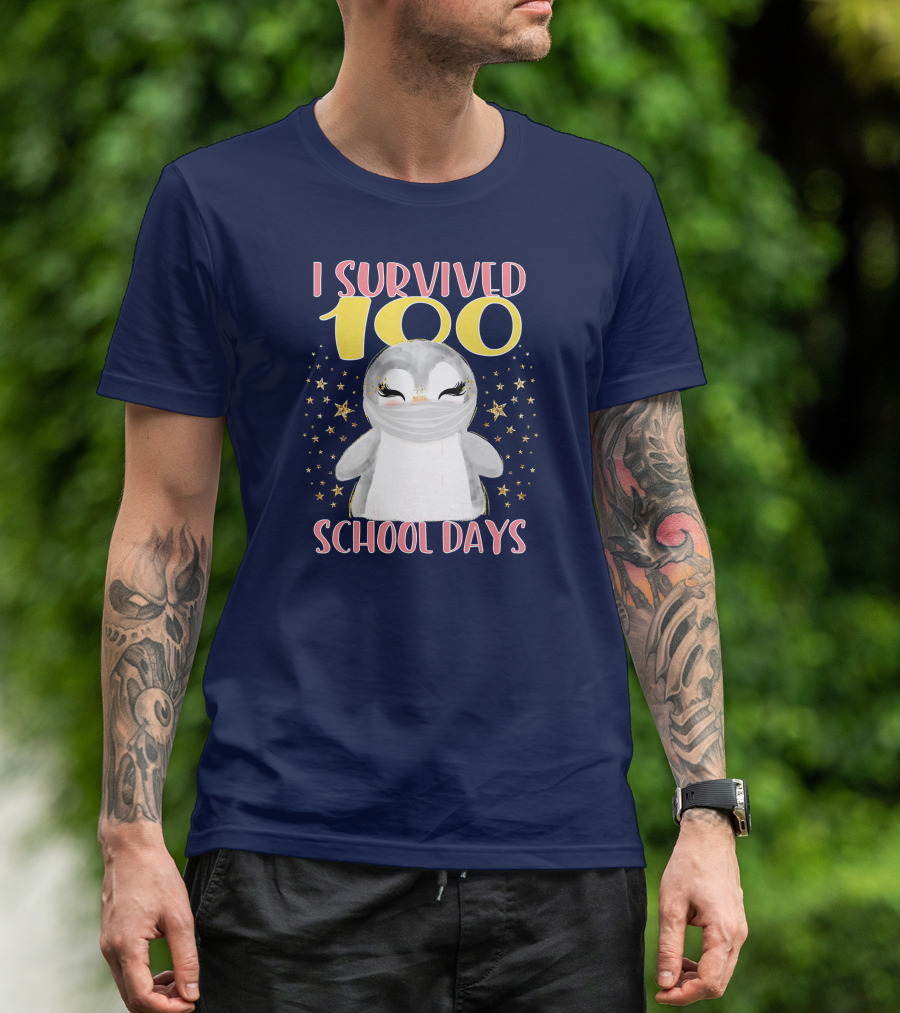 I Survived 100 School Days Cute Penguin Stars T-Shirt