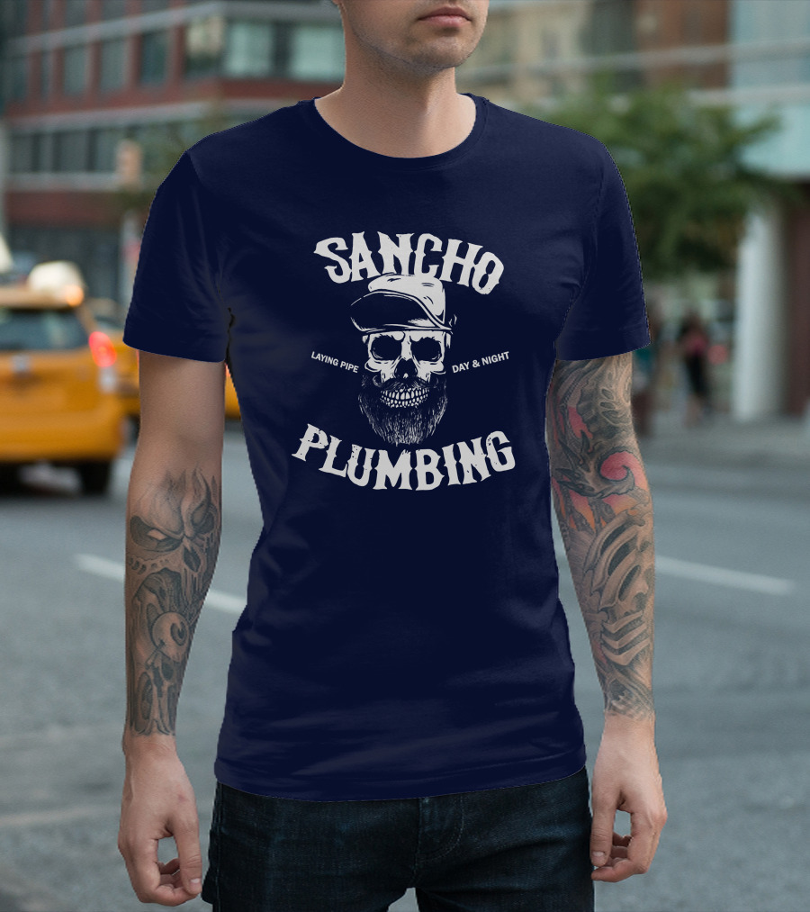 Sancho Laying Pipe Day And Night Skull Design Plumbing T-Shirt