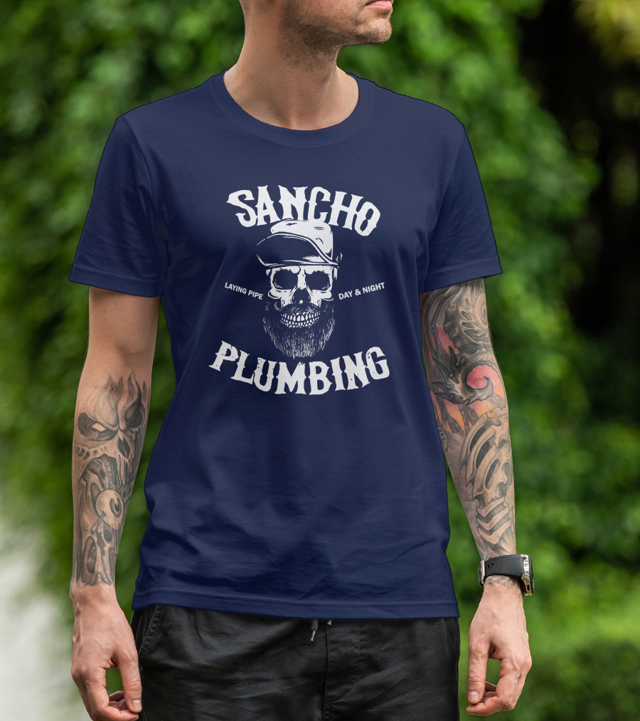Sancho Laying Pipe Day And Night Skull Design Plumbing T-Shirt