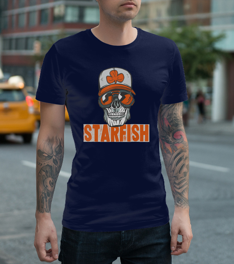 Starfish Skull with Orange Hat and Sunglasses Matches Jordan 13 Star Fish T-Shirt