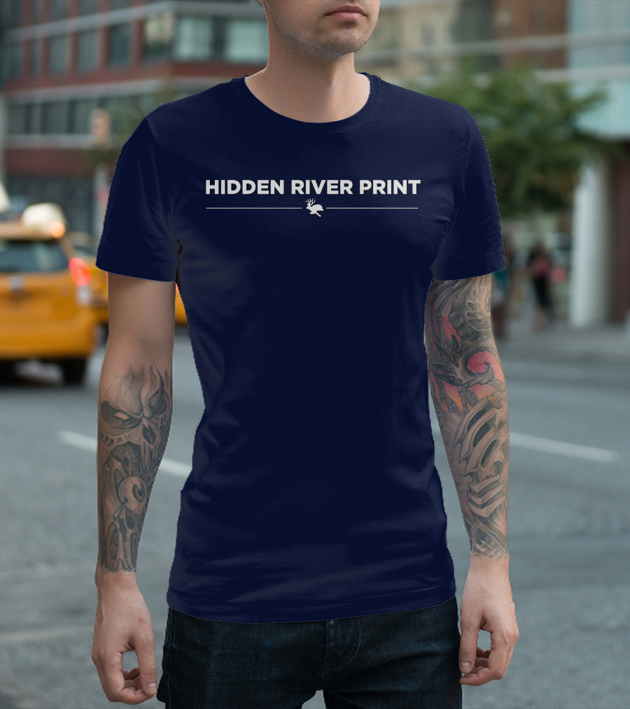HIDDEN RIVER PRINT Deer Image Navy Background T-Shirt
