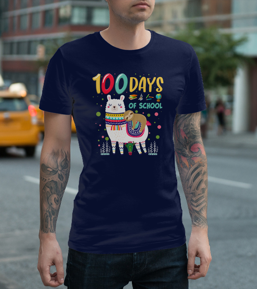 100 Days of School Sloth on Llama with Books and Globe T-Shirt