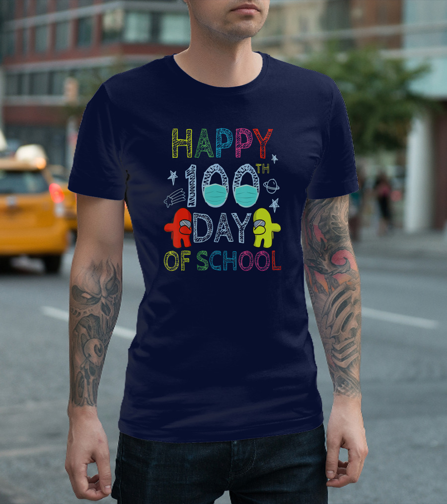 Happy 100th Day of School Among Us Characters with Masks and Stars T-Shirt