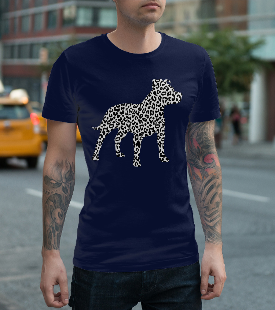 Leopard Print Pit Bull Silhouette on Navy Background T-Shirt