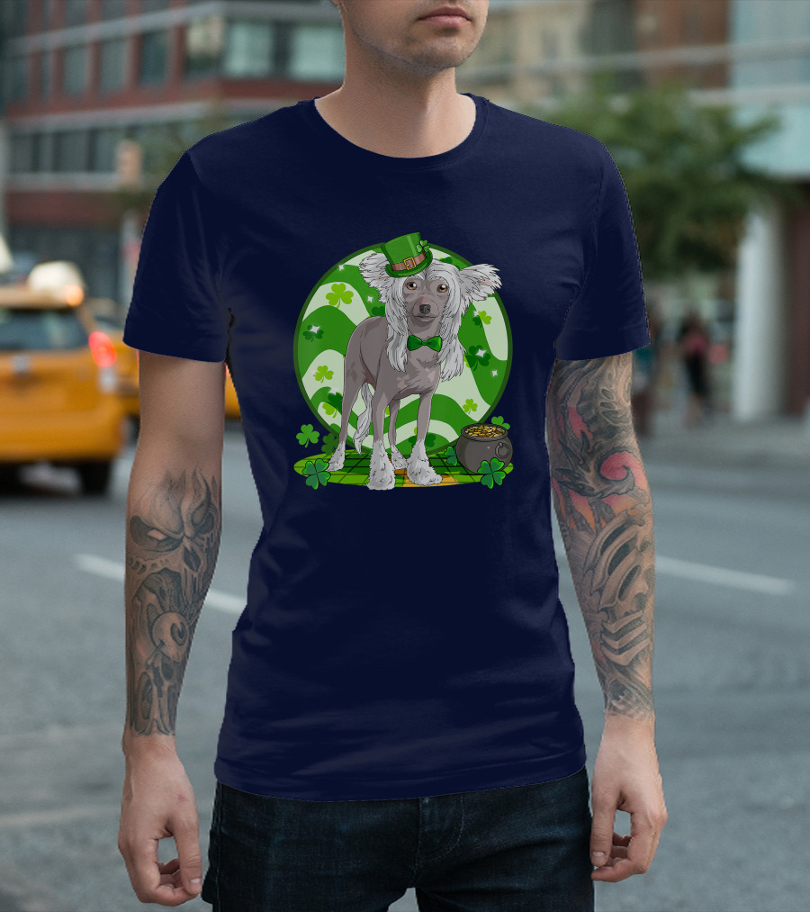 Chinese Crested Dog With Leprechaun Hat And Shamrocks For St Patrick's Day T-Shirt