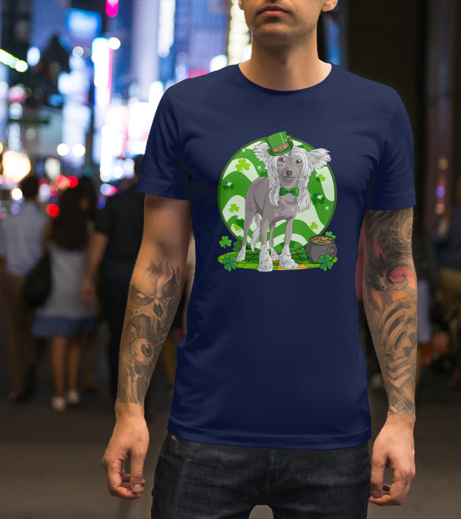 Chinese Crested Dog With Leprechaun Hat And Shamrocks For St Patrick's Day T-Shirt